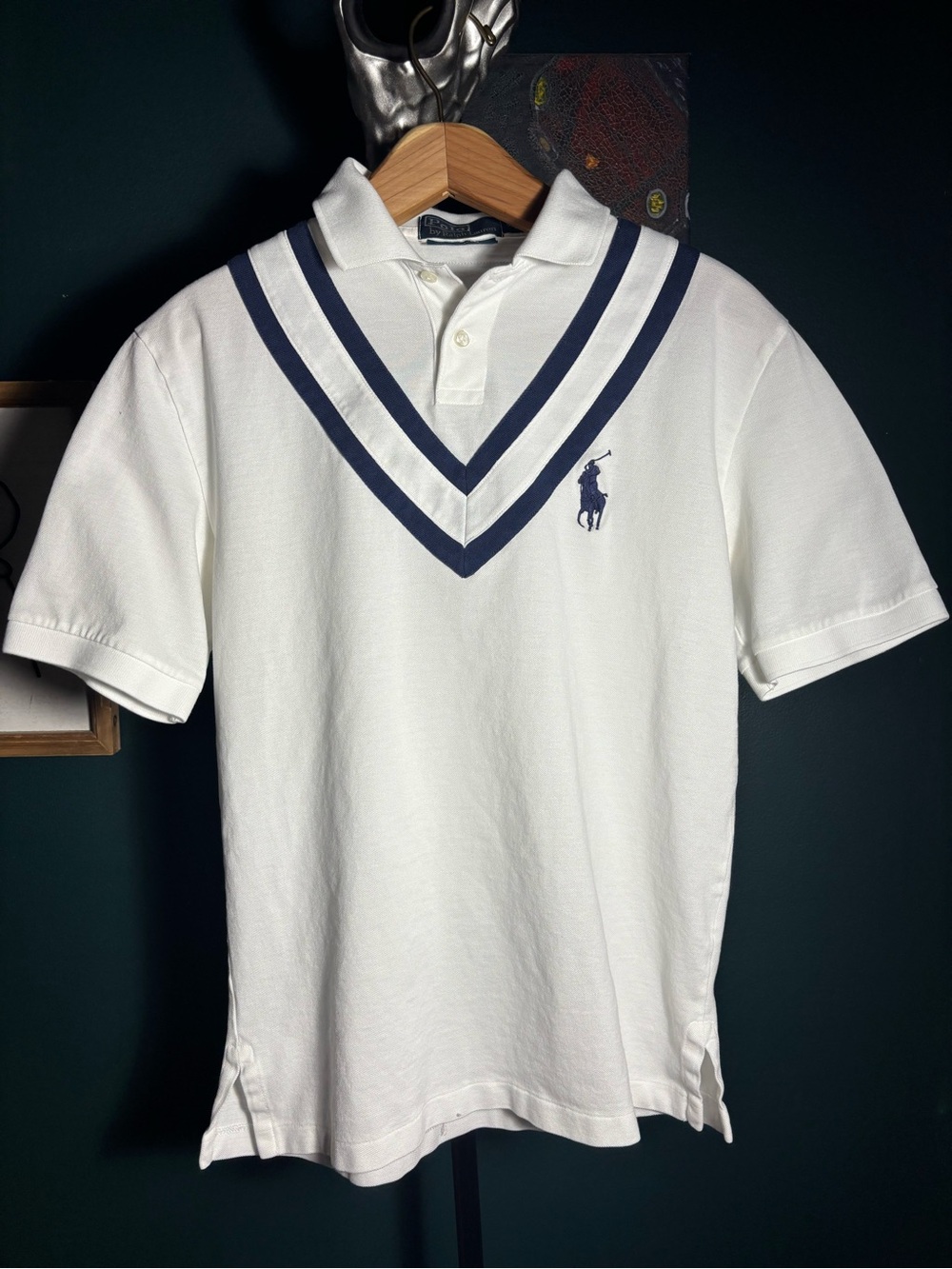 Ralph Lauren White Polo with Navy Chevron Stripes